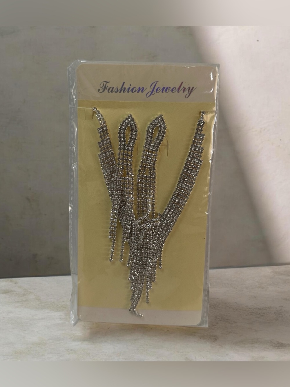 Set Fashion Jewelry Silver Crystal Fringe Drop Earrings & Necklace